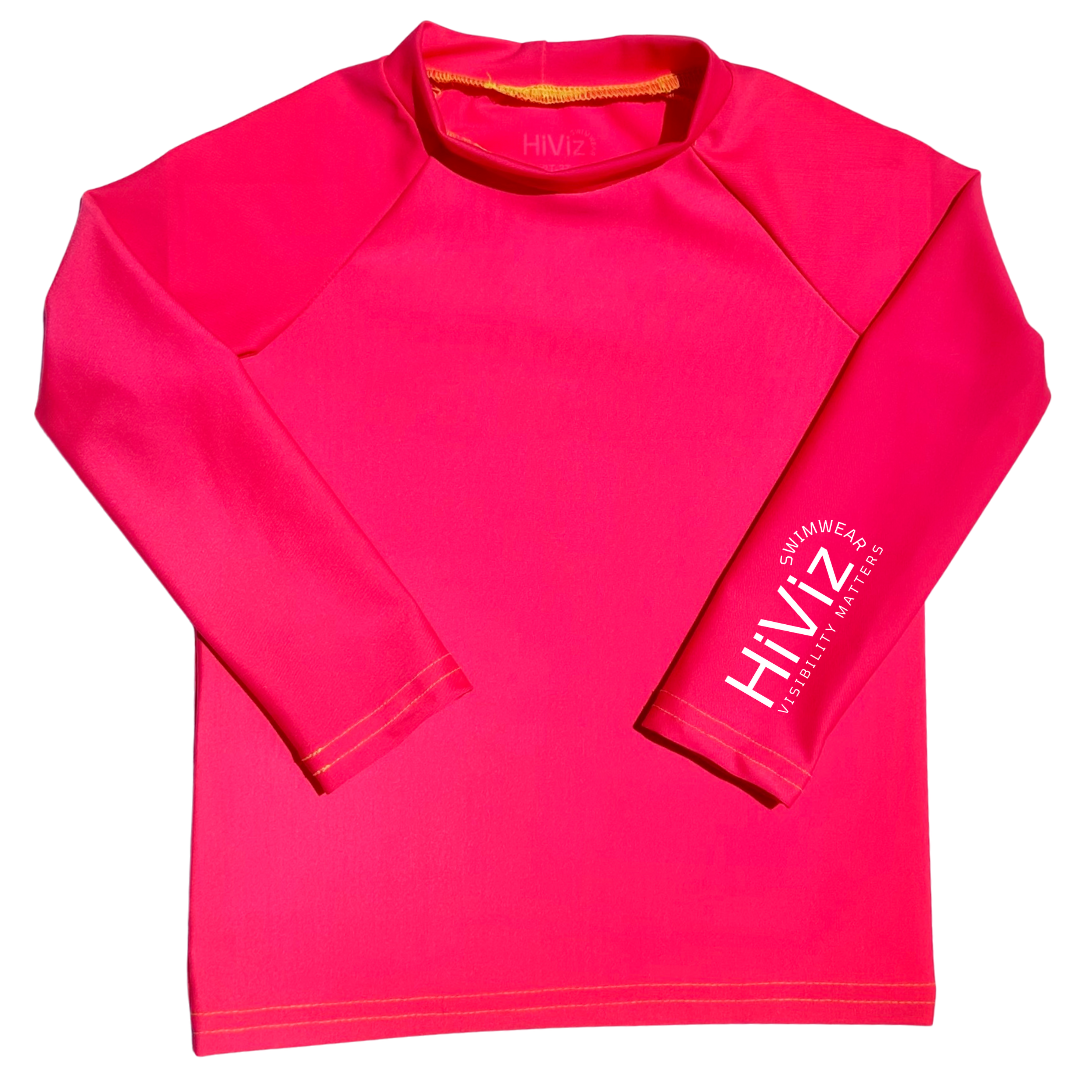 Bright swimwear for toddlers, a neon pink rash guard product image with HiViz bright swimwear log on left sleeve.